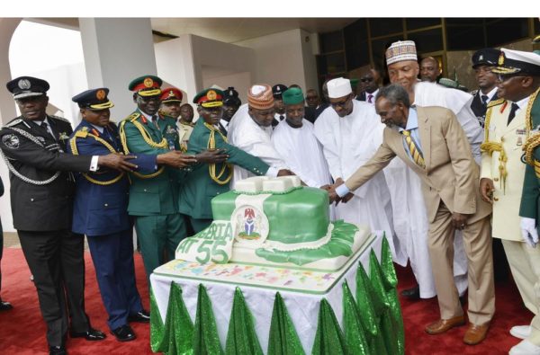 PIC. 1. FROM LEFT: I-G SOLOMON ARASE; CHIEF OF AIR STAFF, AIR VICE MARSHAL SADIQUE ABUBAKAR; CHIEF OF DEFENCE STAFF, LT.- GEN. ABAYOMI OLONISAKIN; SPEAKER HOUSE OF REPRESENTATIVES YAKUBU DOGARA; VICE PRESIDENT YEMI OSINBAJO; PRESIDENT MUHAMMADU BUHARI; SENATE PRESIDENT BUKOLA SARAKI; CHIEF JUSTICE OF THE FEDERATION, JUSTICE MAHMOUD MOHAMMED, AND CHIEF OF NAVAL STAFF, REAR ADMIRAL IBOK-ETE EKWE, AT THE PRESIDENTIAL CHNAGE OF GUARDS TO MARK NIGERIAS  55TH INDEPENDENCE DAY CELEBRATION IN ABUJA ON THURSDAY (1/10/15). 6894/1/10/2015/ISE/ BJO/NAN