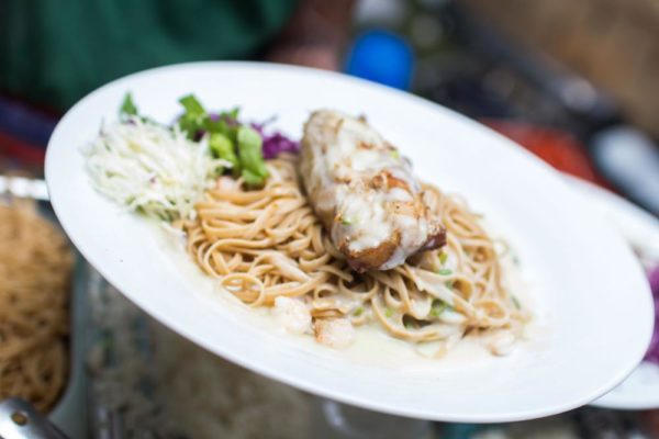 Braised Chicken and Fettuccine with Shrimp Alfredo and Cabbage Ribbons