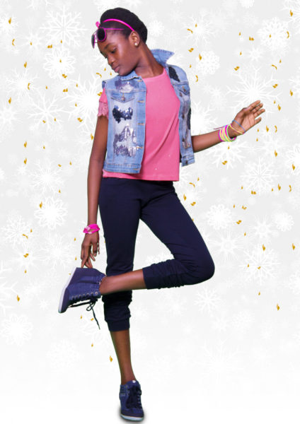 Denim Jacket with Sequins, Pink Blouse and Navy Blue Pants