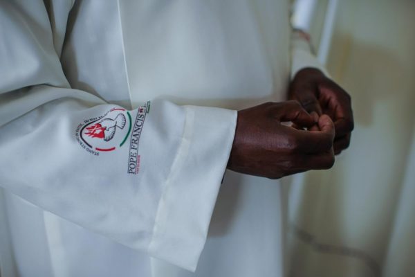 NAIROBI, KENYA - NOVEMBER 24: A detail of a vestment made for a priest ahead of Pope Francis' visit on November 24, 2015 in Nairobi, Kenya. Pope Francis makes his first visit to Kenya on a five day African tour that is scheduled to include Uganda and the Central African Republic. Africa is recognised as being crucial to the future of the Catholic Church with the continent's Catholic numbers growing faster than anywhere else in the world. (Photo by Nichole Sobecki/Getty Images)