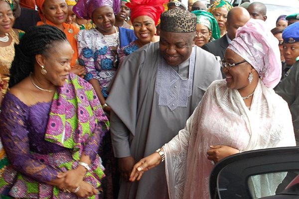 PIC. 17. FROM LEFT: WIFE OF THE GOVERNOR OF ENUGU STATE, MRS MONICA UGWUANYI AND GOV. IFEANYI UGWUANYI, WELCOMING THE WIFE OF THE PRESIDENT, MRS AISHA BUHARI, DURING HER VISIT TO ENUGU FOR HEALTH SCREENING PROGRAMME ON THURSDAY (5/11/15). 7022/5/11/2015/MAG/BJO/NAN