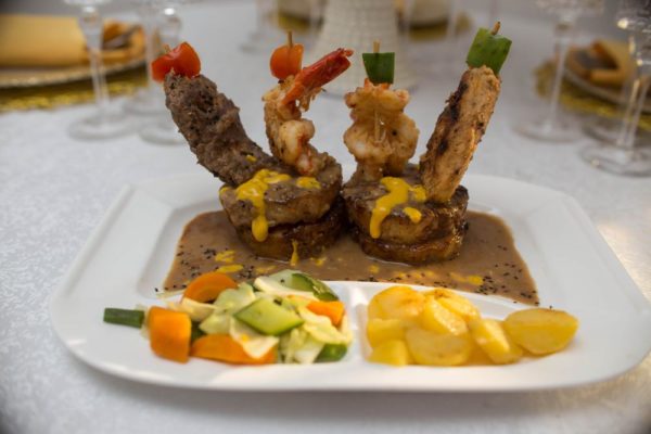 Surf and Turf Shrimp Steak with Roasted Potatoes and Buttered Vegetables