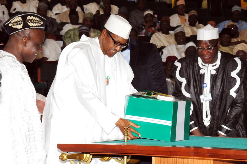 PIC. 4. PRESIDENT MUHAMMADU BUHARI (L), PRESENTING THE 2016 APPROPRATION BILL TO A JOINT SESSION OF THE NATIONAL ASSEMBLY IN ABUJA ON TUESDAY (22/12/15). LEFT IS THE SENIOR SPECIAL ASSISTANT TO THE PRESIDENT ON NATIONAL ASSEMBLY MATTAERS (SENATE), SEN. ITA ENANG AND CLERK OF THE NATIONAL ASSEMBLY, ALHAJI SALISU MAIKASUWA. 7803/22/12/2016/ICE/BJO/NAN