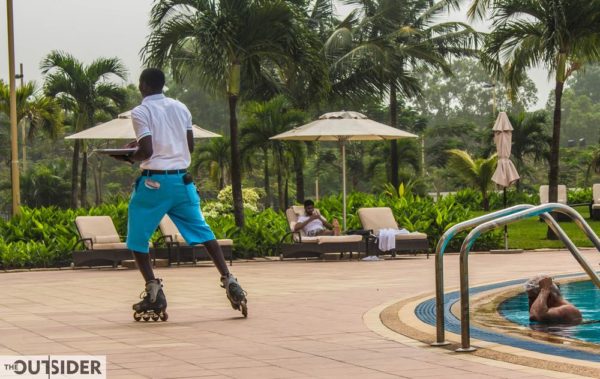 At the poolside, the waiters at the Movenpick Hotel deliver your orders on skates. Swoosh!