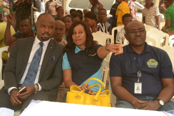 L-R: Regional Director , South East 2, Chukwudi Onuegbu, Head, Retail Banking ,Nkolika Okoli and Business Development Manager, Eziukwu Road Branch , Aba, Chinedu Oguejiofor all of the Skye Bank Plc. at the Bank's “Reach For The Skye” reward draw held in Ariaria International Market, Aba in Abia State on 21st January , 2016