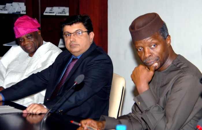 ,R –L , Vice President Osinbajo ; the Managing Director Reckitt Benckiser(RB) West Africa , Rahul Murgai and the Chairman of the Company, Chief Olu Falomo during the visit of the company to Presidential Villa, Abuja ..yesterday (19-01-2016) GODWIN OMOIGUI