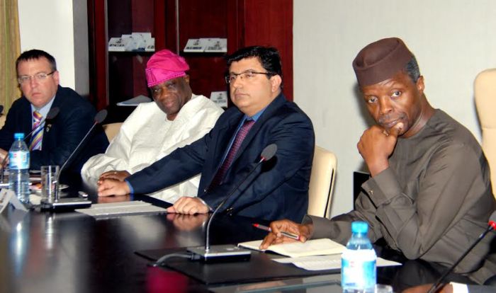 R –L , Vice President Osinbajo ; the Managing Director Reckitt Benckiser(RB) West Africa , Rahul Murgai; the Chairman of the Company, Chief Olu Falomo and Deputy Head , Political Section British High Commission , Mr. Andrew Fleming during the visit of the company to Presidential Villa, Abuja ..yesterday (19-01-2016) GODWIN OMOIGUI
