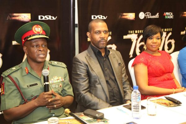 L-R: Major General, Rogers Ibe Nicholas, Chief of Civil Military Affairs, Army HQ.; Prince Tonye Princewill, Executive Producer and Wangi Mba-Uzoukwu, Regional Director, M-net West Africa 