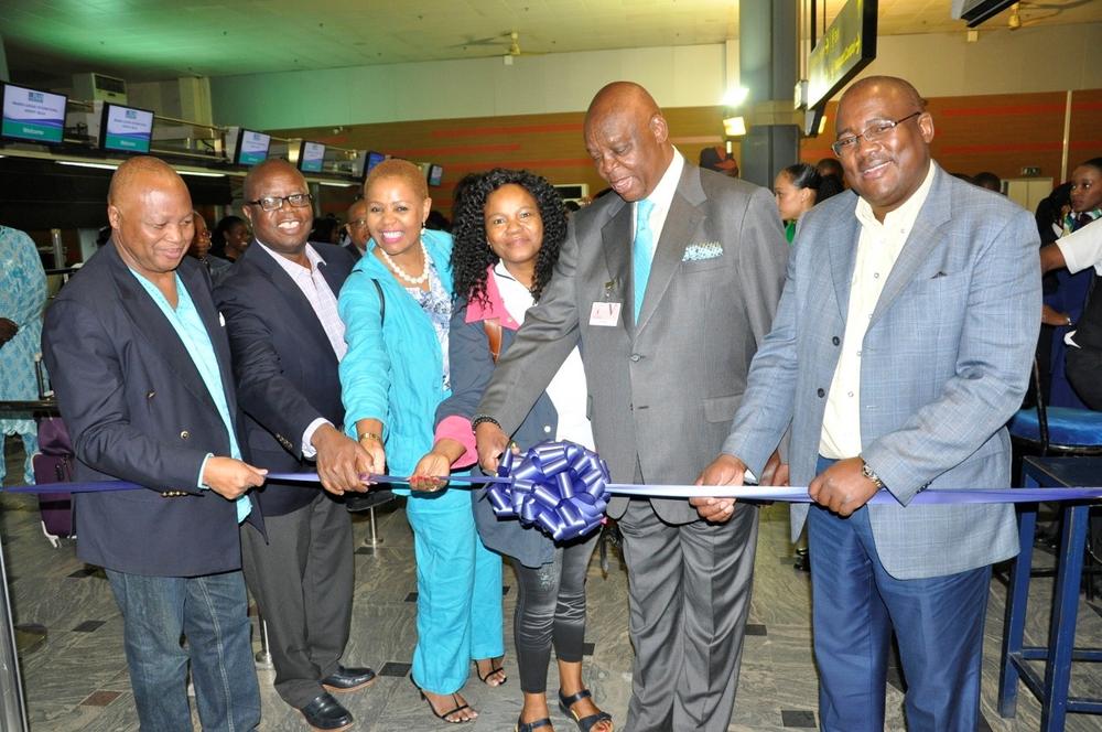 Acting Chief Executive Officer, South Africa Airways, Musa Zwane (right); South Africa High Commissioner to Nigeria, Lulu Mnguni; SAA Board Member, Yakhe Kwinana; General Manager, Operations Zuks Ramasia; General Manager Commercial, Aaron Muretsi and Dr John Tambi SAA Board Member during the Inaugural Flight of South African Airways, Abuja-Johannesburg Route