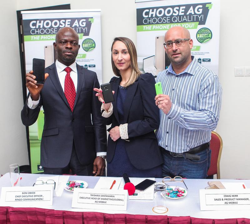 L-R: Boni Obieze, Chief Executive Officer, Ringo Communication, Tayshira Santamaria, Executive Head of Marketing (Global), AG Mobile, and Craig Herr, Sales & Product Manager, AG Mobile, during the media launch of AG Mobile in Nigeria, Wednesday, February 3, 2015.