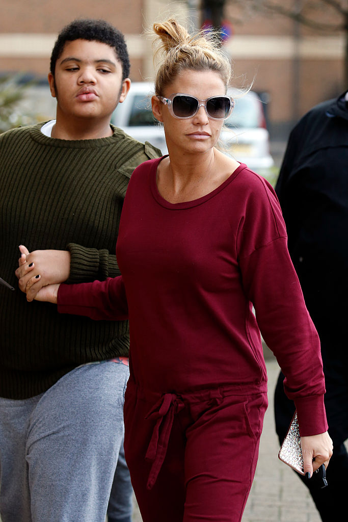WOKING, UNITED KINGDOM - DECEMBER 20: Katie Price arrives at the New Victoria Theatre with sons Harvey and Junior on December 20, 2015 in Woking, England. (Photo by Alex B. Huckle/GC Images)
