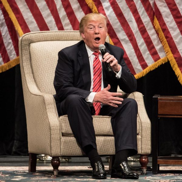 HICKORY, NC - MARCH 14: Republican presidential candidate Donald Trump addresses the crowd during a campaign rally at Lenoir-Rhyne University March 14, 2016 in Hickory, North Carolina. The North Carolina Republican primary will be held March 15. (Photo by Sean Rayford/Getty Images)