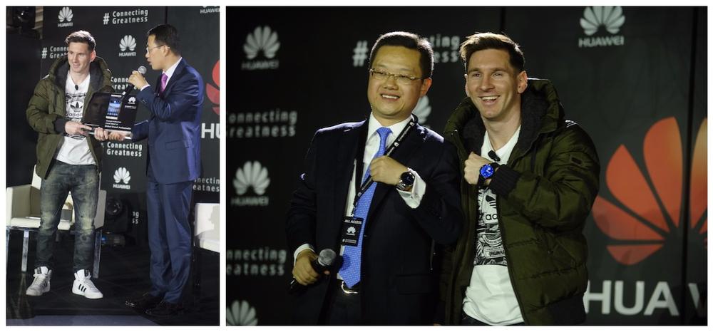 Kevin Ho, President, Handset Business, Huawei Consumer BG presenting Mate 8 to Lionel Messi |Tyrone Liu, CEO Consumer Business Group for Huawei Latin America displaying Huawei watch as a gift to Lionel Messi