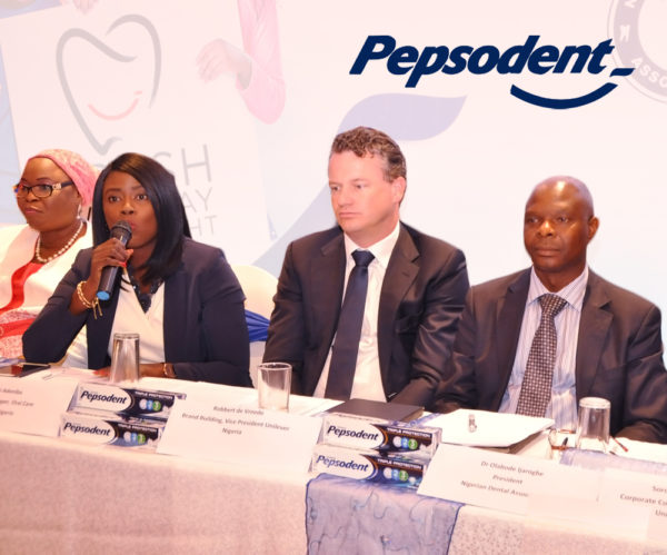 L - R: Outgoing Registrar, Dental Therapists Registration Board of Nigeria, Mrs Aramide Keshinro; Category Manager, Oral Care, Unilever Nigeria PLC, Bunmi Adeniba; Vice President, Brand Building, Unilever Nigeria Plc, Robbert-de Vreede; President, Nigerian Dental Association Of Nigeria, Dr Bode Ijarogbe; during Pepsodent World Oral Health Day Media Briefing in Partnership with Nigerian Dental Association at the Protea Hotel, Ikeja on Thursday
