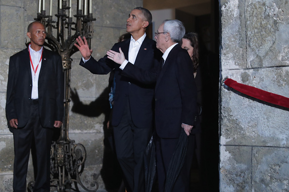 U.S. President Barack Obama, first lady Michelle Obama and their daughters Malia, 17, and Sasha, 14, take a walking tour of in the plaza of the 18th century Catedral de San Cristobal de la Habana in the historic Old Havana neighborhood March 20, 2016 in Havana, Cuba. Obama is the first sitting president to visit Cuba in nearly 90 years.