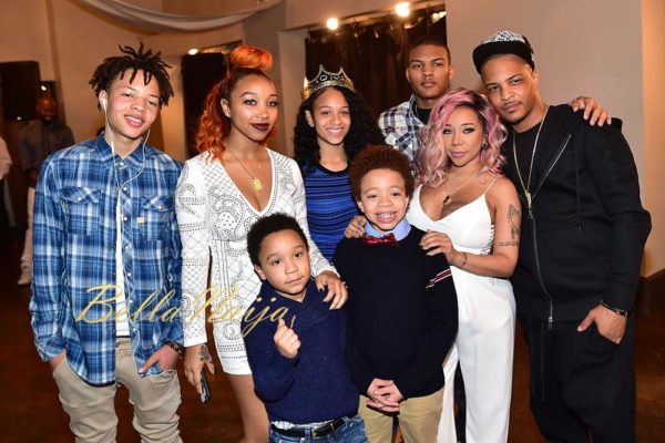 ATLANTA, GEORGIA - MARCH 06:  (L-R) Domani Harris, Zonnique Pullins, Deyjah Harris, Messiah Harris, T.I., Tameka "Tiny" Harris, King Harris and Major Harris attend T.I. & Tameka "Tiny" Harris Private Baby Shower on March 6, 2016 in Atlanta, Georgia. (Photo by Paras Griffin/Getty Images)