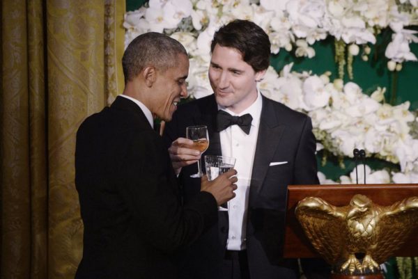 WASHINGTON, DC - MARCH 10:  President Barack Obama and  Prime Minister Justin Trudeau of Canada exchange toasts during a State Dinner at the White House March 10, 2016 in Washington, D.C. Prime Minister Trudeau is on an official visit to Washington. (Photo by Olivier Douliery-Pool/Getty Images)