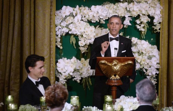 WASHINGTON, DC - MARCH 10:  President Barack Obama and  Prime Minister Justin Trudeau of Canada exchange toasts during a State Dinner at the White House March 10, 2016 in Washington, D.C. Prime Minister Trudeau is on an official visit to Washington. (Photo by Olivier Douliery-Pool/Getty Images)