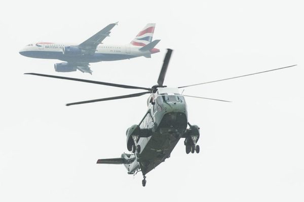 WINDSOR, ENGLAND - APRIL 22: The Presidential Marine 1 helicopter departs Windsor Castle on April 22, 2016 in Windsor, England. The President and his wife are currently on a brief visit to the UK where they will have lunch with HM Queen Elizabeth II at Windsor Castle and dinner with Prince William and his wife Catherine, Duchess of Cambridge at Kensington Palace. Mr Obama will visit 10 Downing Street on Friday afternoon where he is to hold a joint press conference with British Prime Minister David Cameron and is expected to make his case for the UK to remain inside the European Union. (Photo by Ian Gavan/Getty Images)