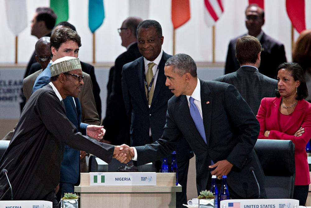 WASHINGTON, DC - APRIL 1: (AFP OUT) U.S. President Barack Obama (R) shakes hands with Muhammadu Buhari, Nigeria's president, during a closing session at the Nuclear Security Summit April 1, 2016 in Washington, D.C. After a spate of terrorist attacks from Europe to Africa, Obama is rallying international support during the summit for an effort to keep Islamic State and similar groups from obtaining nuclear material and other weapons of mass destruction. (Photo By Andrew Harrer/Pool/Getty Images)