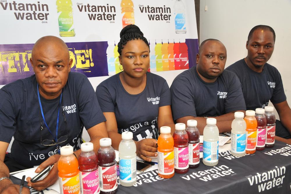 Giant Beverages Limited on Wednesday introduced Giant Vitamin Water into the Nigerian market. L – R Eke Leonard, Regional Sales Manager South-South/ East, Bose Ogunyemi, Marketing Manager, Emmanuel Akpah, Regional Sales Manager Lagos/South-West and Maurice Ibie, Brand Activation Manager, all of Giant Beverages Limited at the event
