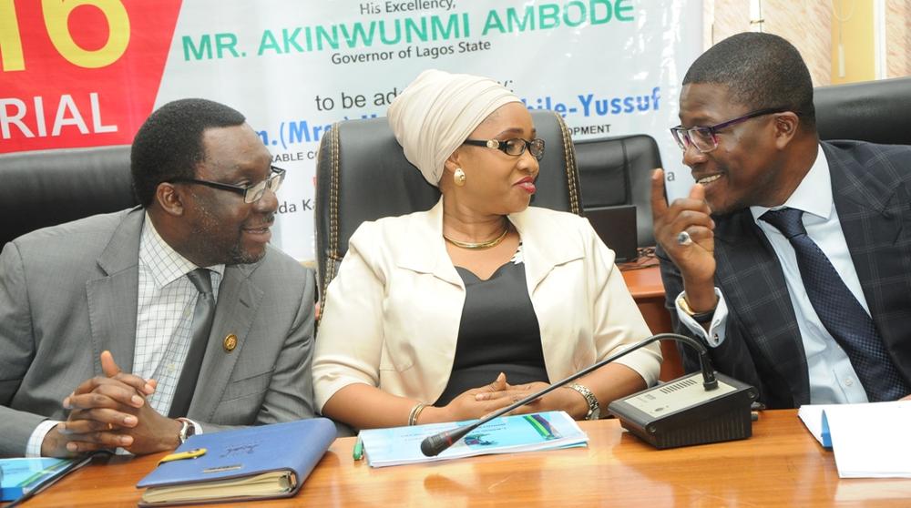 Commissioner for Youth & Social Development, Pharm. (Mrs.) Uzamat Akinbile-Yusuf (middle), with Commissioner for Information & Strategy, Mr. Steve Ayorinde (left) and Permanent Secretary, Ministry of Youth & Social Development Mr. Hakeem Muri-Okunola (right) during the Y2016 Ministerial Press Briefing to commemorate the First Year in Office of Governor Akinwunmi Ambode, at the Bagauda Kaltho Press Centre, the Secretariat, Alausa, Ikeja, on Tuesday, April 26, 2016.