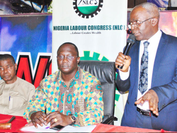 LABOUR 01 & 1, L-R: General secretary, Nigeria Labour Congress(NLC), Dr. Peter Ozo-eson; National President (NLC), Comrade, Ayuba Wabara and human right lawyer, Femi Fanana (SAN) during the opening session of the Central Working Committee (CWC) of Nigeria Labour Congress held in Abuja. Photo: ENOCK REUBEN