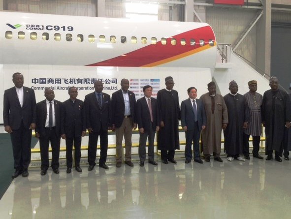 PMB and his delegation at the Commercial Aircraft Corporation of China. Photo Credit: twitter.com/geoffreyonyeama