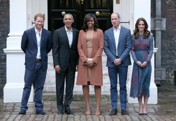 Prince William, Duke of Cambridge and Catherine, Duchess of Cambridge greet US President Barack Obama and First Lady Michelle Obama as they dine at Kensington Palace on April 22, 2016 in London, England.