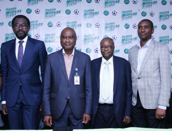 L-R Folu Aderibigbe, Coordinator, Enterprise Sales, Globacom; Aninweke Okechukwu, Zonal Controller, Nigerian Communications Commission(NCC), Lagos office; Niyi Olukoya, Head, Back Office Sales, Globacom, and Fidelis Ajibogun, Ag. Assistant Director/Coordinator, Lagos, National Lottery Regulatory Commission (NLRC), at the official unveiling in Lagos on Monday of Glo Hamma Millions Promo which offers N125m cash prizes to subscribers.