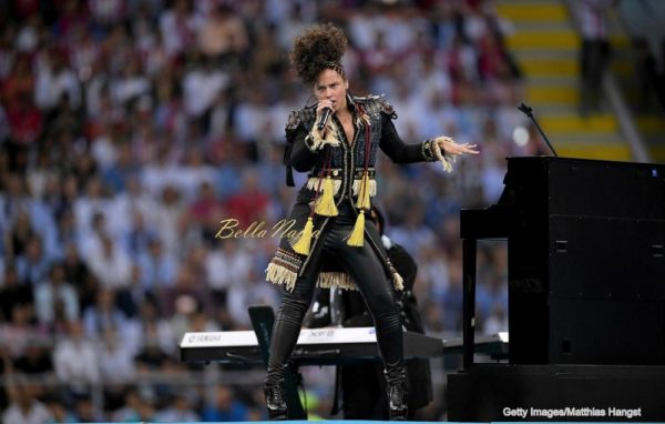 MILAN, ITALY - MAY 28: Alicia Keys performs during Champions League final opening ceremony during the UEFA Champions League Final match between Real Madrid and Club Atletico de Madrid at Stadio Giuseppe Meazza on May 28, 2016 in Milan, Italy. (Photo by Matthias Hangst/Getty Images)