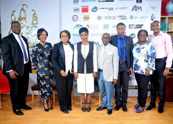 Bolanle Austen-Peters, Director of Wakaa the Musical flanked by Partners and sponsors of Wakaa The Musical goes to London, at the Press conference