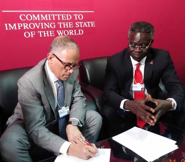 Chairman and President US EXIM Bank, Fred Hochberg and GMD/CEO, UBA Plc, Phillips Oduoza during the signing of a $100 million trade finance deal between both institutions in Kigali, Rwanda on Wednesday at the sidelines of WEF.