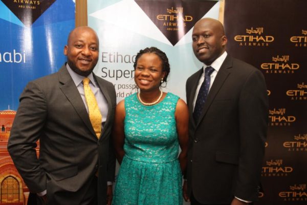 George Mawadri General Manager ( Right) Fola Akinboro, Marketing Lead (Middle)Percival Uwuchue, Airport Manager(Left) at the Etihad Airways Trade Workshop Event in Lagos.