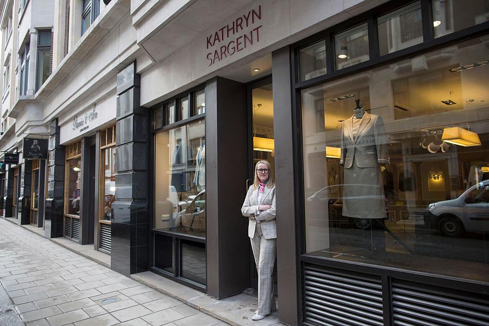 LONDON, ENGLAND - APRIL 06: Master tailor Kathryn Sargent poses inside her new shop on Savile Row on April 6, 2016 in London, England. Kathryn Sargent whose clients have included members of the royal family and David Beckham, has become the first female tailor to open a shop on Savile Row, the home of bespoke tailoring in the UK. (Photo by Dan Kitwood/Getty Images)