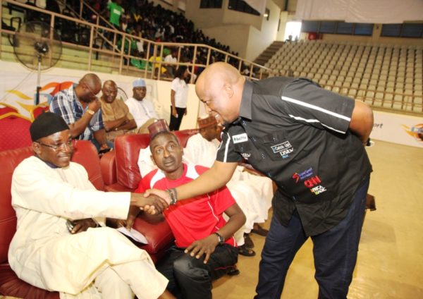 General Manager, Marketing, MultiChoice Nigeria, Martin Mabutho exchanging pleasantries with the Minister of Sports, Barrister Solomon Dalong as President, Nigeria Basketball Federation Tijjani Umar looks on