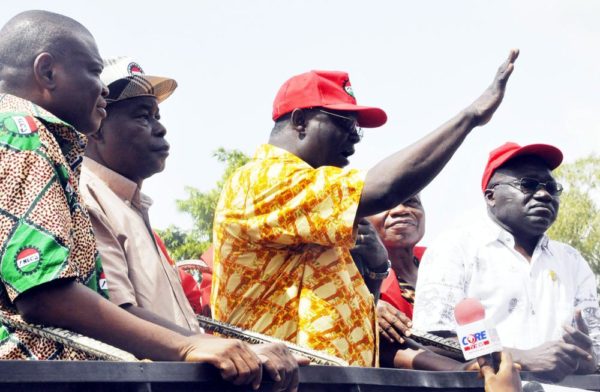 FROM LEFT: LEADER OF THE CIVIL SOCIETY GROUPS, COMRADE JAYE GASKIYA; NATIONAL SECRETARYOF THE NLC, COMRADE PETER OZO-ESAN; NLC PRESIDENT, COMRADE AYUBA WABBA; FORMER ASUU PRESIDENT,DR DIPO FASINA, AND COMRADE ISSA AREMU, DURING THE NLC AND CIVIL SOCIETY ORGANISATION PROTEST OVER INHUMAN INCREASE IN PETROL PRICE IN ABUJA ON WEDNESDAY (18/5/16). 3623/18/5/2016/OTU/BJO/NAN