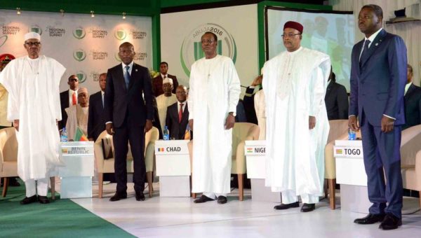 FROM LEFT: PRESIDENT MUHAMMADU BUHARI; PRESIDENT PATRICE TALON OF BENIN REPUBLIC; PRESIDENT IDRISS DEBY OF CHAD; PRESIDENT MAHAMADOU ISSOUFOU OF NIGER AND PRESIDENT FAURE GNASSINGBÉ OF TOGO, AT THE 2ND REGIONAL SECURITY SUMMIT IN ABUJA ON SATURDAY (14/5/16) 3559/14/5/2016/JAU/NAN