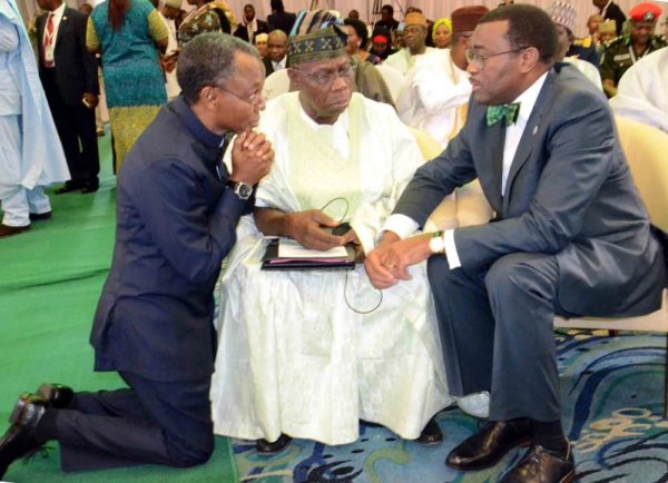 PIC.5. GOV. NASIR EL-RUFAI OF KADUNA; FORMER PRESIDENT OLUSEGUN OBASANJO AND PRESIDENT OF AFRICAN DEVELOPMENT BANK, DR AKINWUMI ADESINA, AT THE 2ND REGIONAL SECURITY SUMMIT IN ABUJA ON SATURDAY (14/5/16) 3561/14/5/2016/JAU/NAN