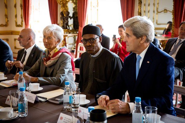 R-L: JohnKerry, Muhammadu Buhari, Lagarde and Ashrafghani during the Leader's Breakfast at Lancaster House, London, today