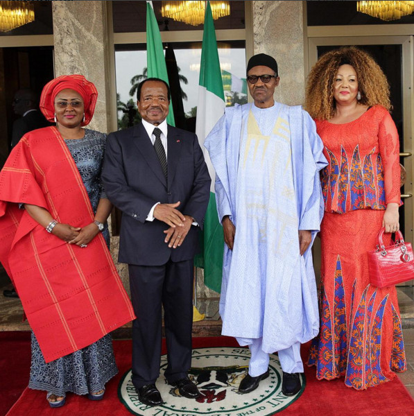 President Buhari with L-R: Wife of the President Mrs Aisha Buhari, H.E. Paul Biya, President of the Republic of Cameroun and his spouse Mrs Chantal Biya as President Buhari receives in State Visit H.E. Paul Biya, President of the Republic of Cameroun in Statehouse on 3rd May 2016 Credit: Bayo Omoboriowo
