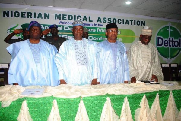 From left to right: Minister for Health, Prof. Isaac Adewole; Sokoto State Governor, Rt. Hon. Aminu Waziri Tambuwal; Minister of State for Health, Dr. Osagie E. Ehanire and Representative of the Chairman of the occasion Prof. AA Bagudo at the 56th Nigerian Medical Association Annual Conference Co-Sponsored by Dettol in Sokoto.