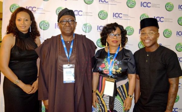 L-R: Justina Abdulateef of Public Sector, Globacom; Chief Bayo Ojo (SAN), Former Attorney General of the Federation; Mrs. Gladys Talabi, Executive Director, Legal Services, Globacom, and Reekado Banks, Glo Ambassador, at the Gala Night for delegates at the Globacom-sponsored 1st ICC Africa Regional Arbitration Conference held at Eko Hotel, recently.