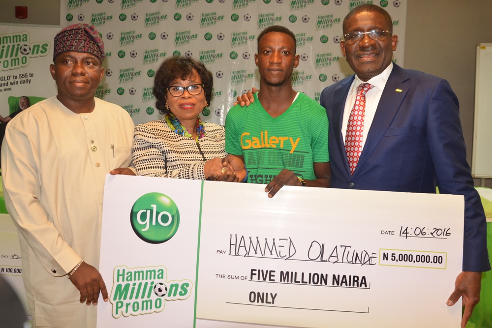 L-R: Hon. Suraju Adekunbi, Speaker, Ogun State House of Assembly; Gladys Talabi, Executive Director, Legal Services, Globacom; Hamed Olatunde, N5 Million Winner, and Waheed Olagunju, Acting Managing Director, Bank of Industry, at the formal presentation of prizes to the first set of winners in the Glo Hamma Millions Promo at Mike Adenuga Towers, Victoria Island, Lagos, on Tuesday. 