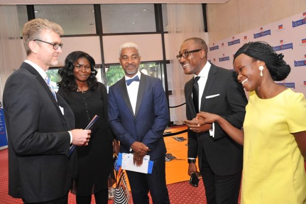 (L-R) Olivier Thiry, Managing Director, Promasidor Nigeria Limited; Reze Bonna, a member of Panel of Judges with his wife (2nd left); Adrew Enahoro, Head, Legal/Public Relations, Promasidor Nigeria; and Miss Toyosi Ogunseye, Editor, Sunday Punch; at the 2016 Promasidor Quill Awards event held at Sheraton Lagos Hotel …recently