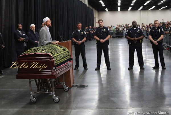 Police stand guard during an Islamic prayer service for Muhammad Ali at the Kentucky Exposition Center on June 9, 2016 in Louisville, Kentucky