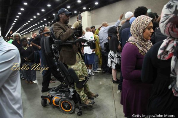 People attend an Islamic prayer service for Muhammad Ali at the Kentucky Exposition Center on June 9, 2016 in Louisville, Kentucky.