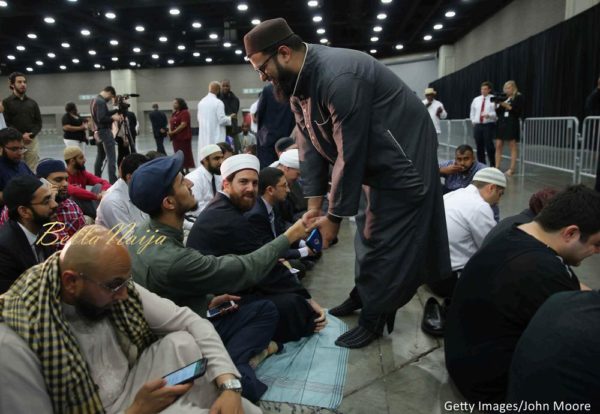 Muslims arrive for the beginning of an Islamic prayer service for Muhammad Ali at the Kentucky Exposition Center on June 9, 2016 in Louisville, Kentucky.