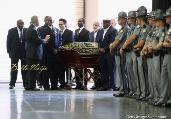 The body of Muhammad Ali arrives for an Islamic prayer service at the Kentucky Exposition Center on June 9, 2016 in Louisville, Kentucky.