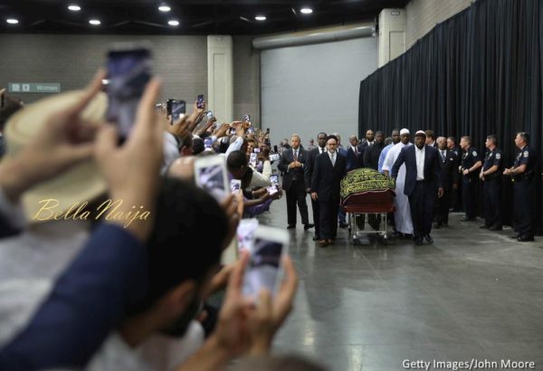 The casket of Muhammad Ali arrives for an Islamic prayer service at the Kentucky Exposition Center on June 9, 2016 in Louisville, Kentucky.
